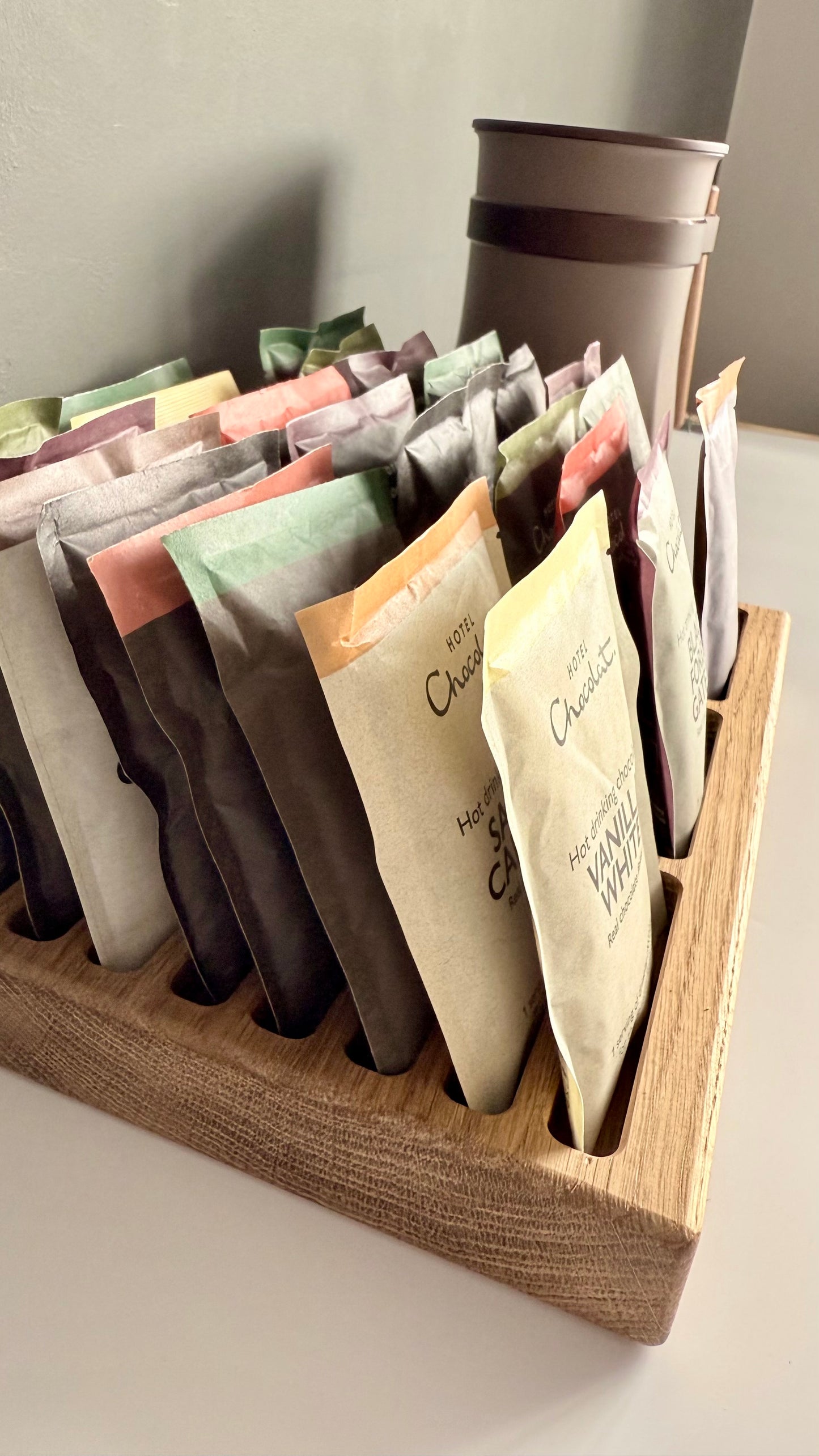 Oak Velvetiser Hot Chocolate Sachet Holder Large Holds 24 Sachets