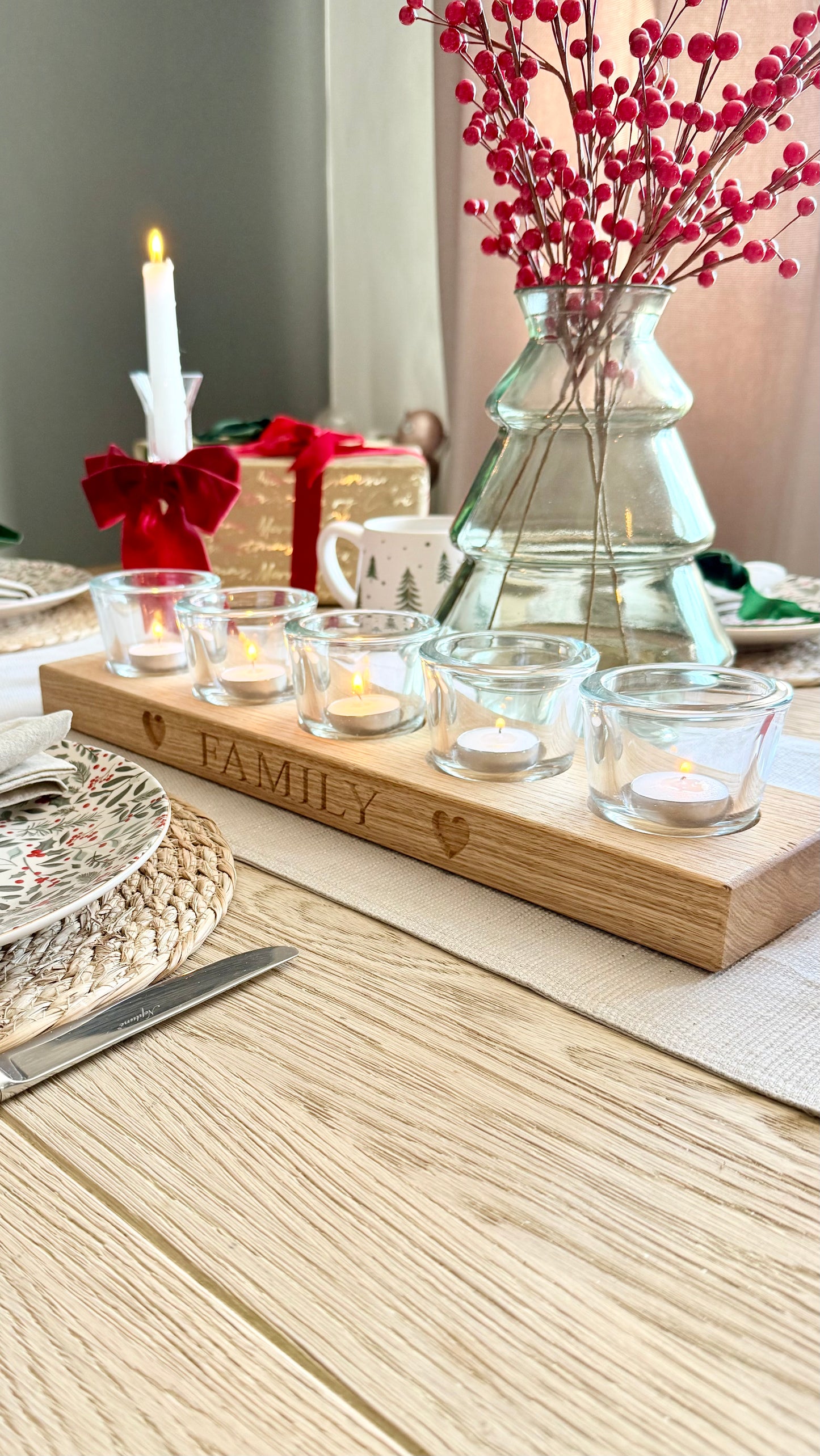 Solid Oak Candle Holder – 3, 5 or 7 Glass Tealight Holder