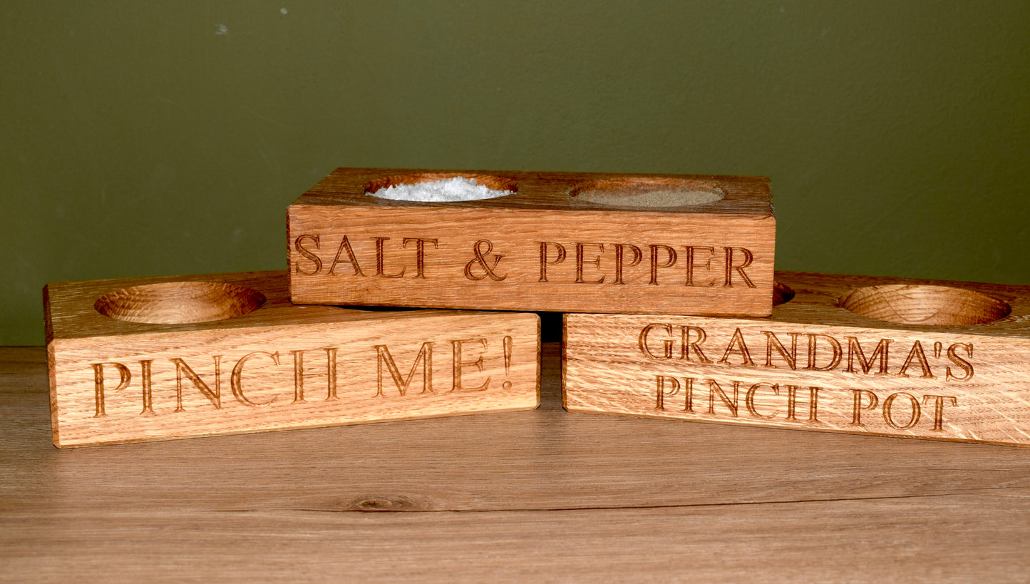 Personalised oak salt and pepper pinch pot Front view