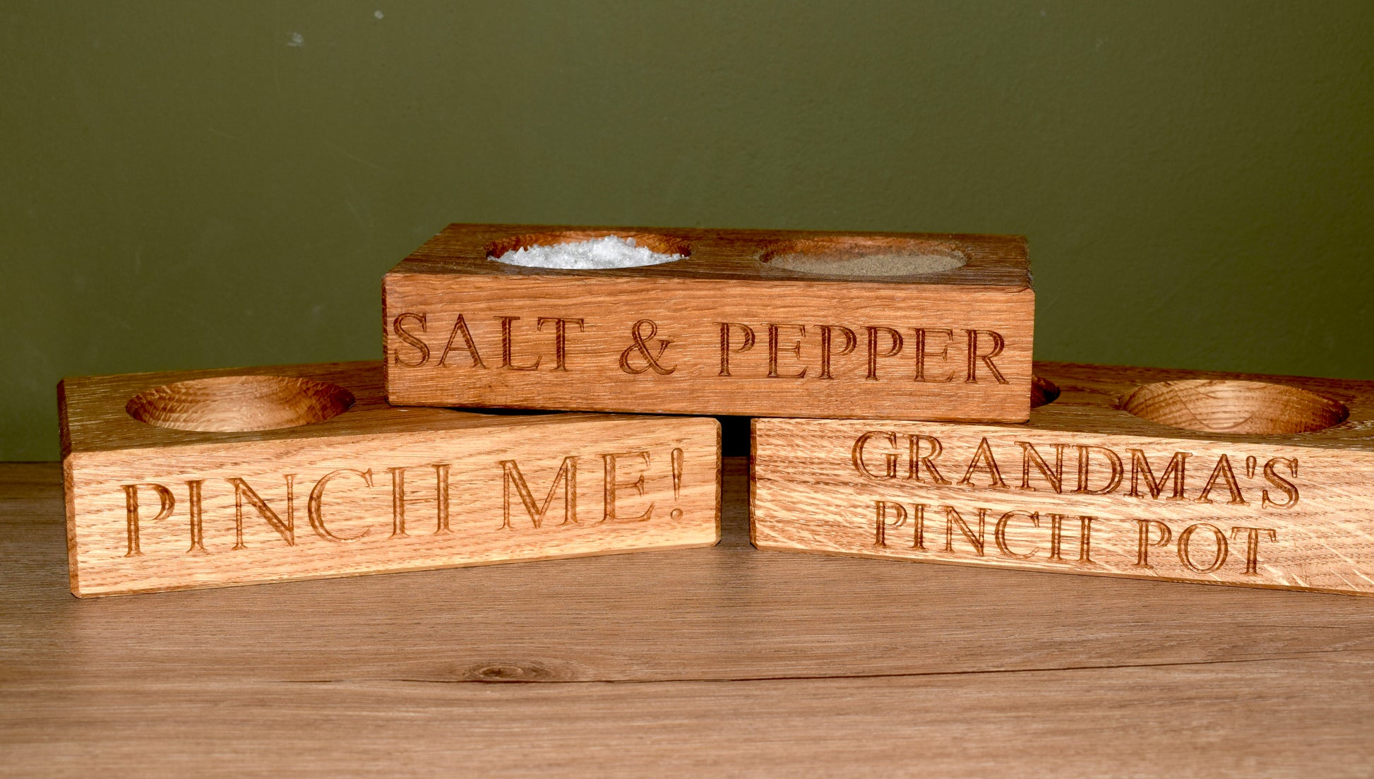 Personalised oak salt and pepper pinch pot Front view