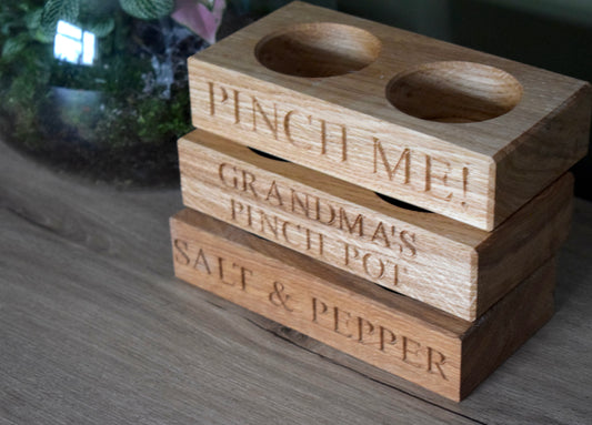 Personalised oak salt and pepper pinch pot