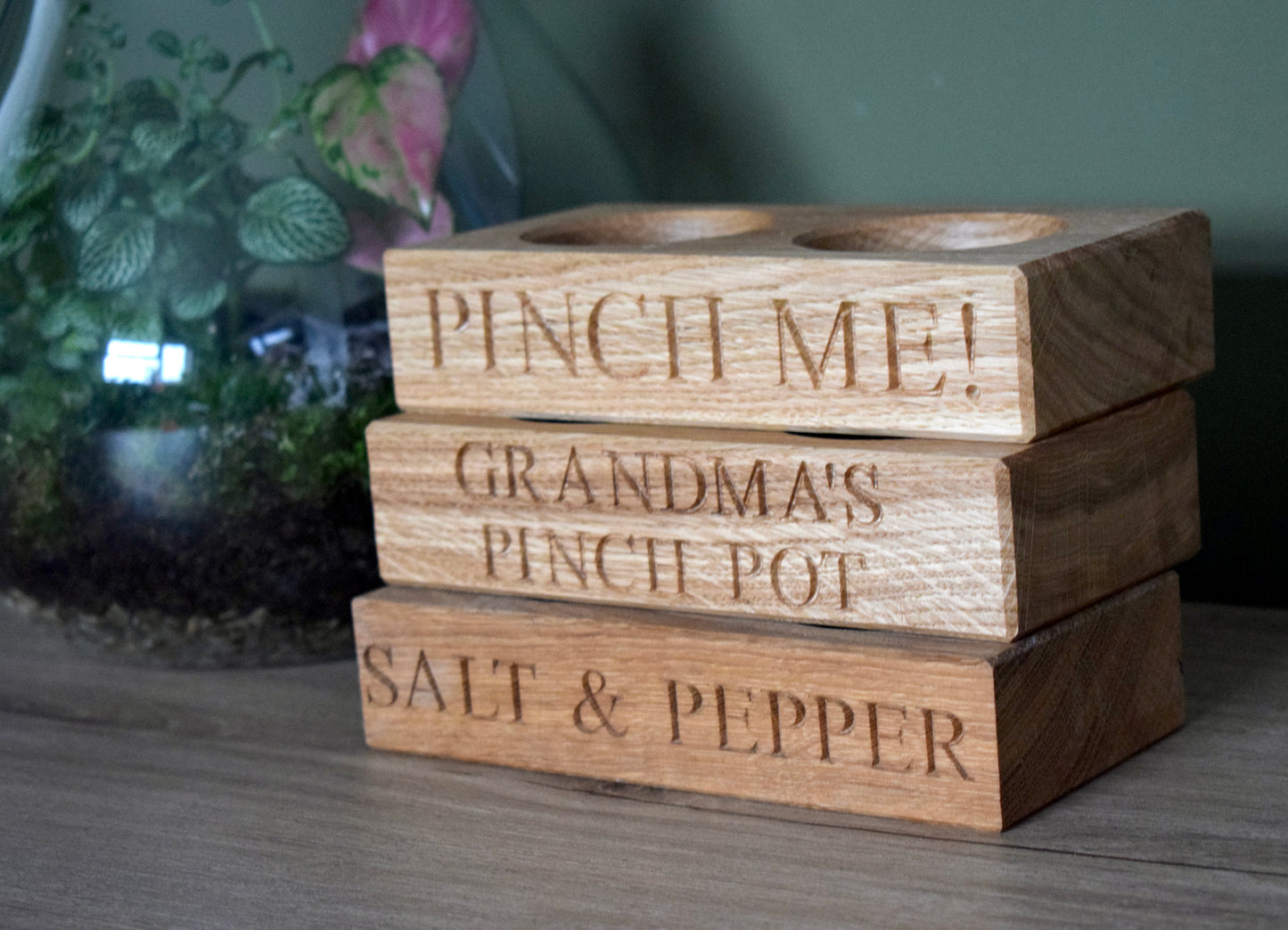 Personalised oak salt and pepper pinch pot Top view
