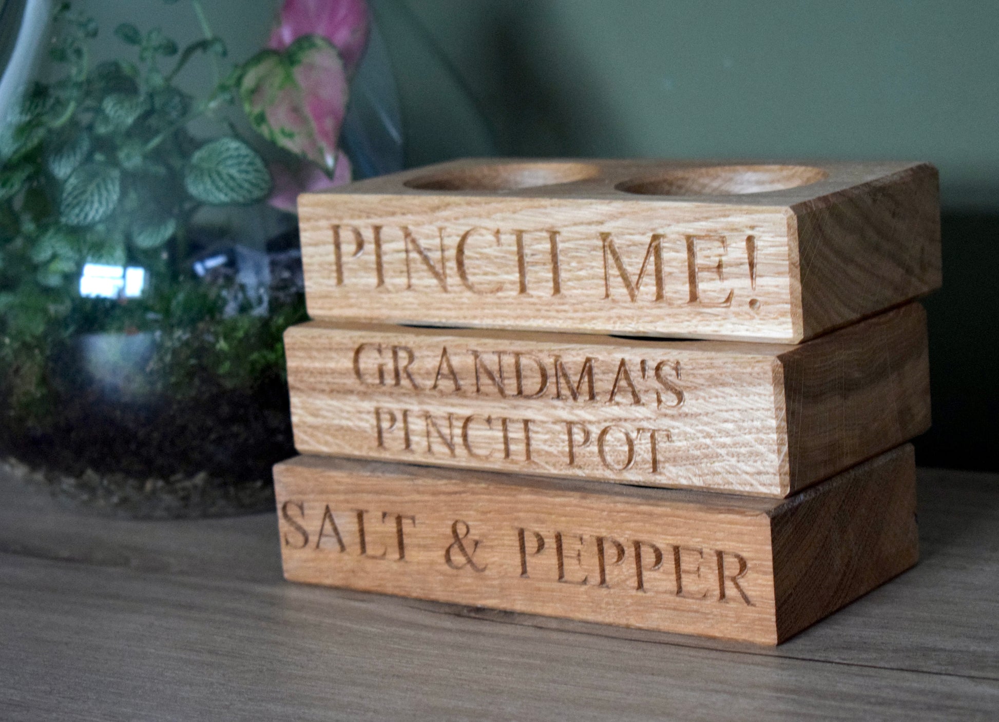 Personalised oak salt and pepper pinch pot Top view