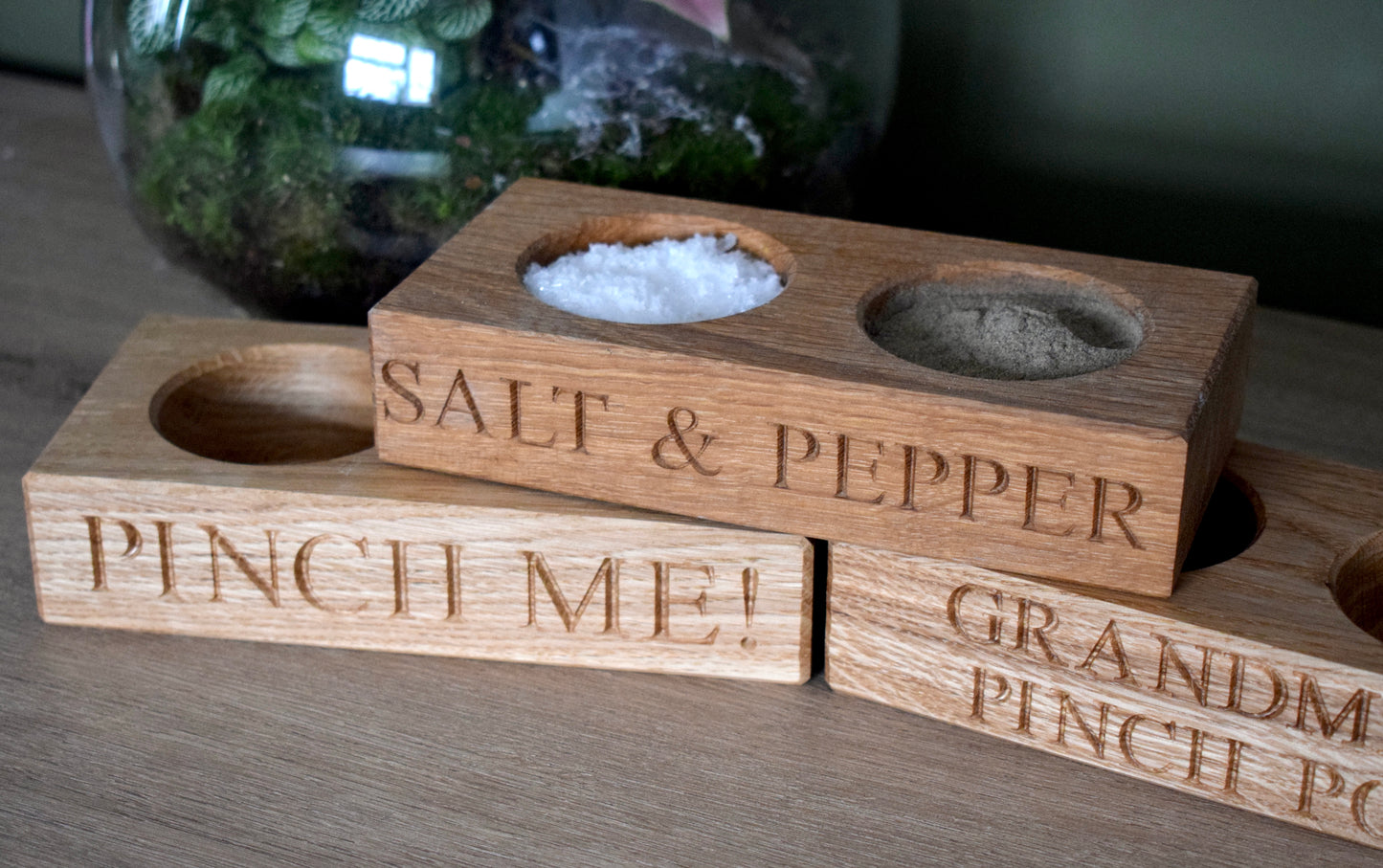 Personalised oak salt and pepper pinch pot 3 different versions