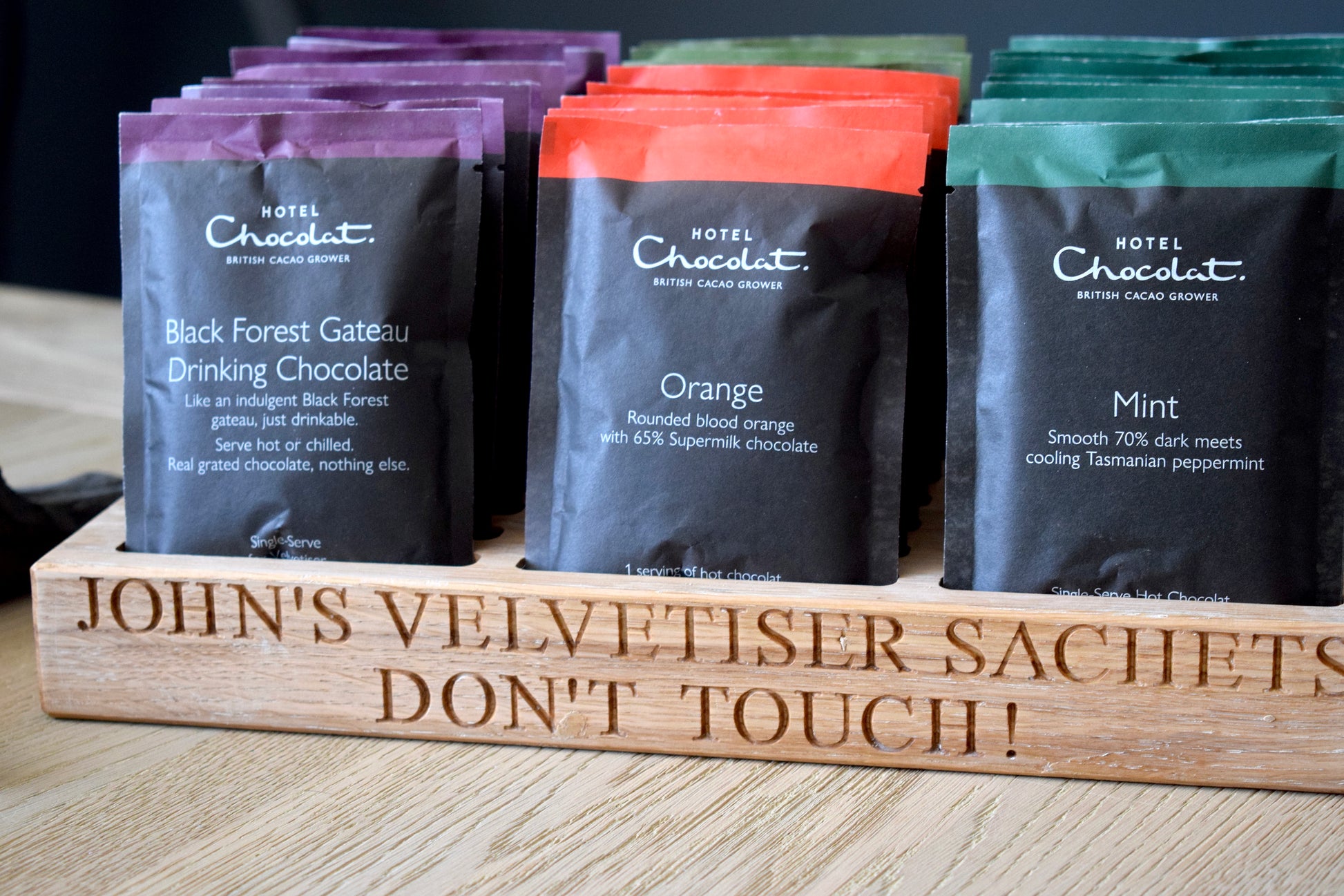 Personalised Hot chocolate station sachet holder side view