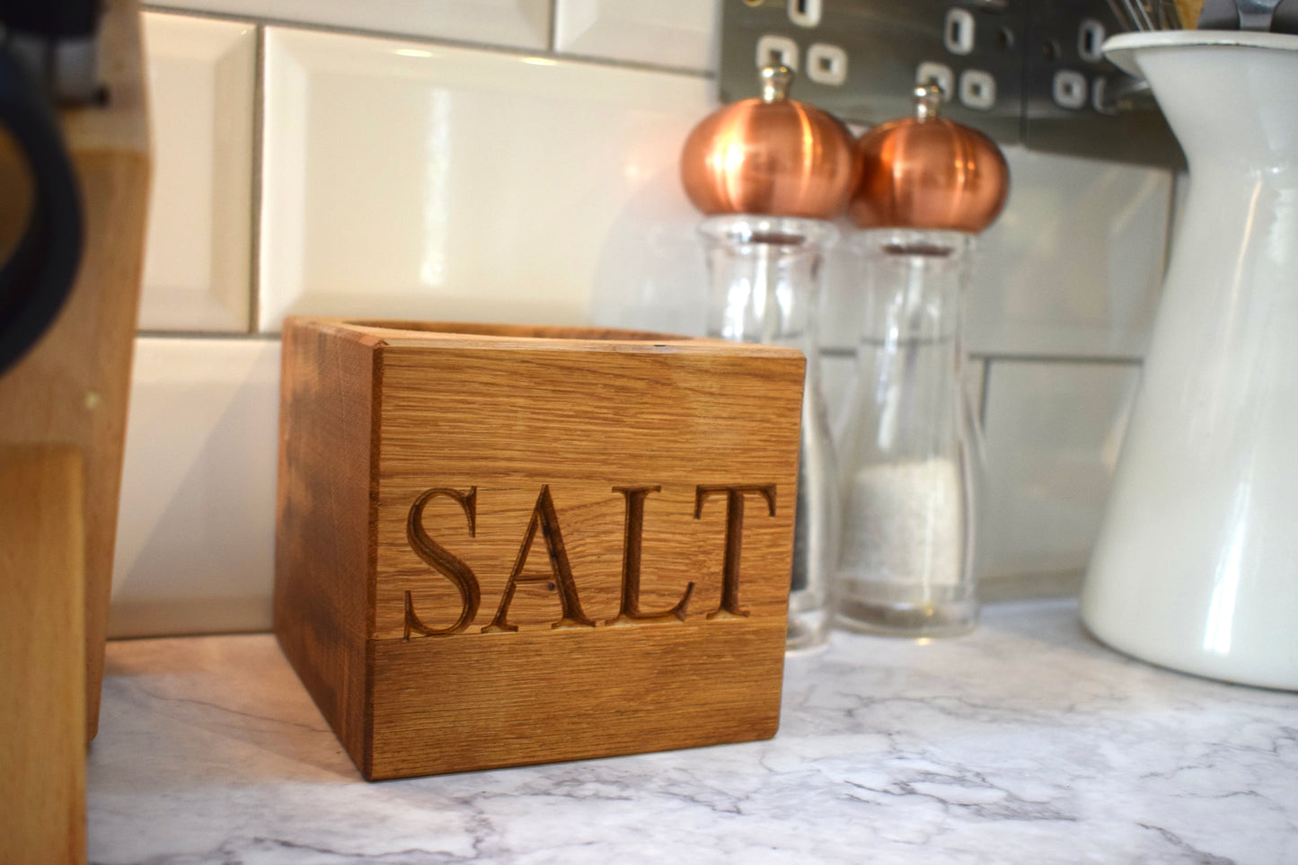 Personalised oak large salt pig In a kitchen