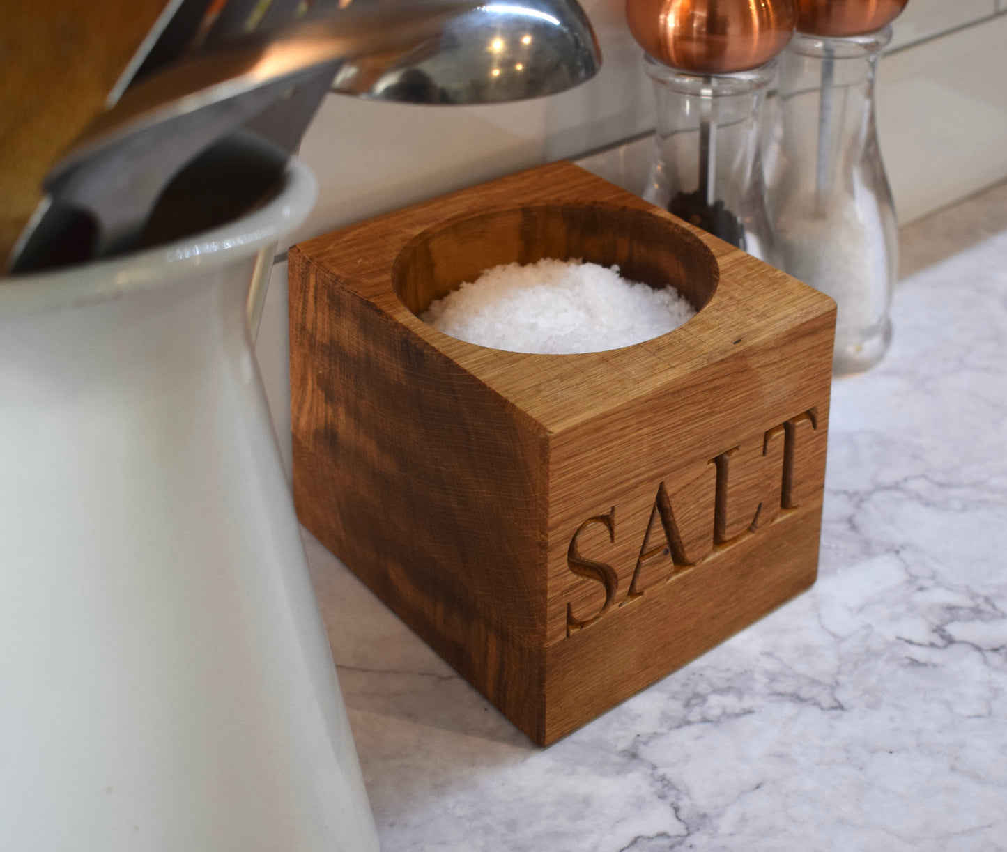 Personalised oak large salt pig With salt top view