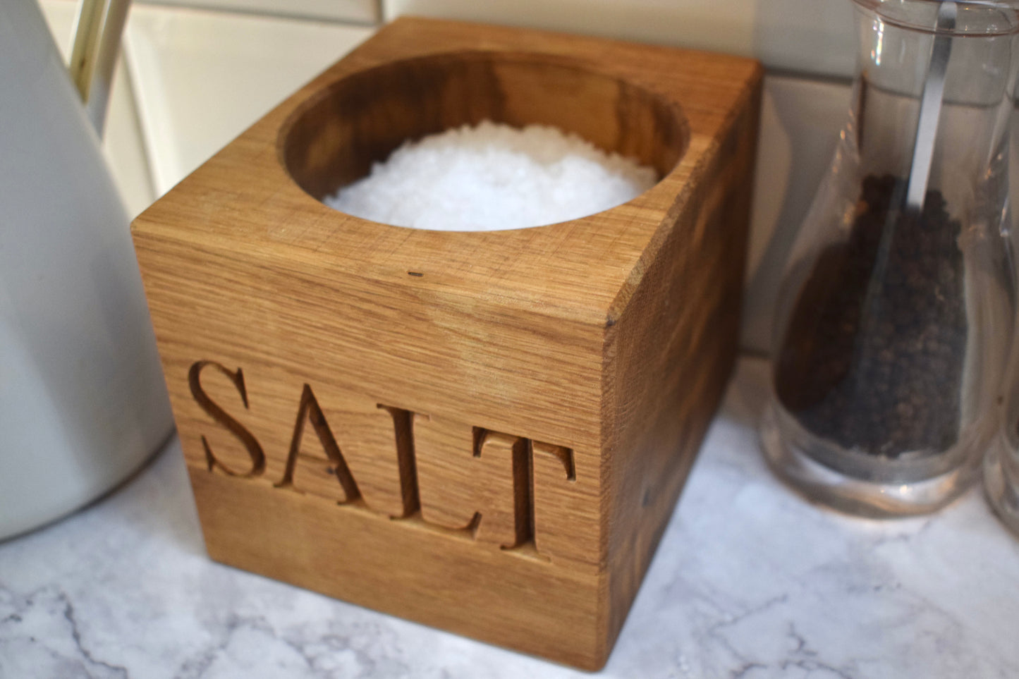 Personalised oak large salt pig with engraved front