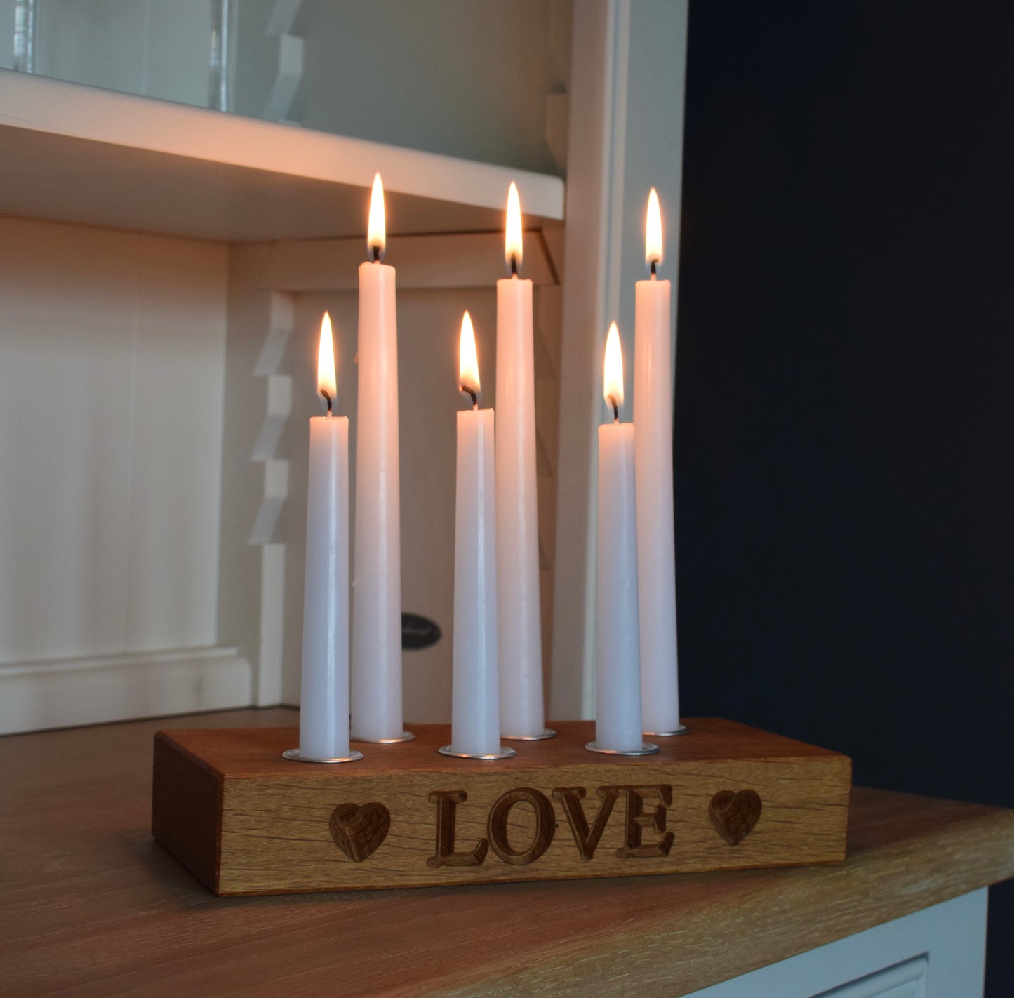 Personalised oak Candle holder engraved side view