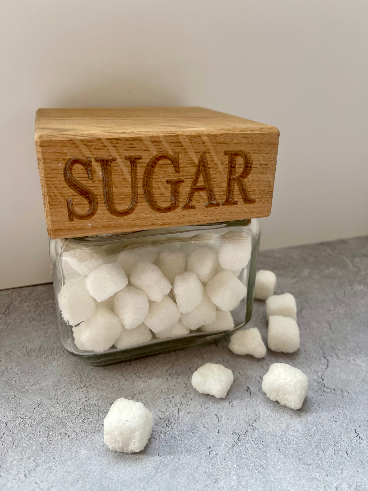 Personalised oak lid storage jars for tea, coffee, sugar, biscuits and pantry essentials