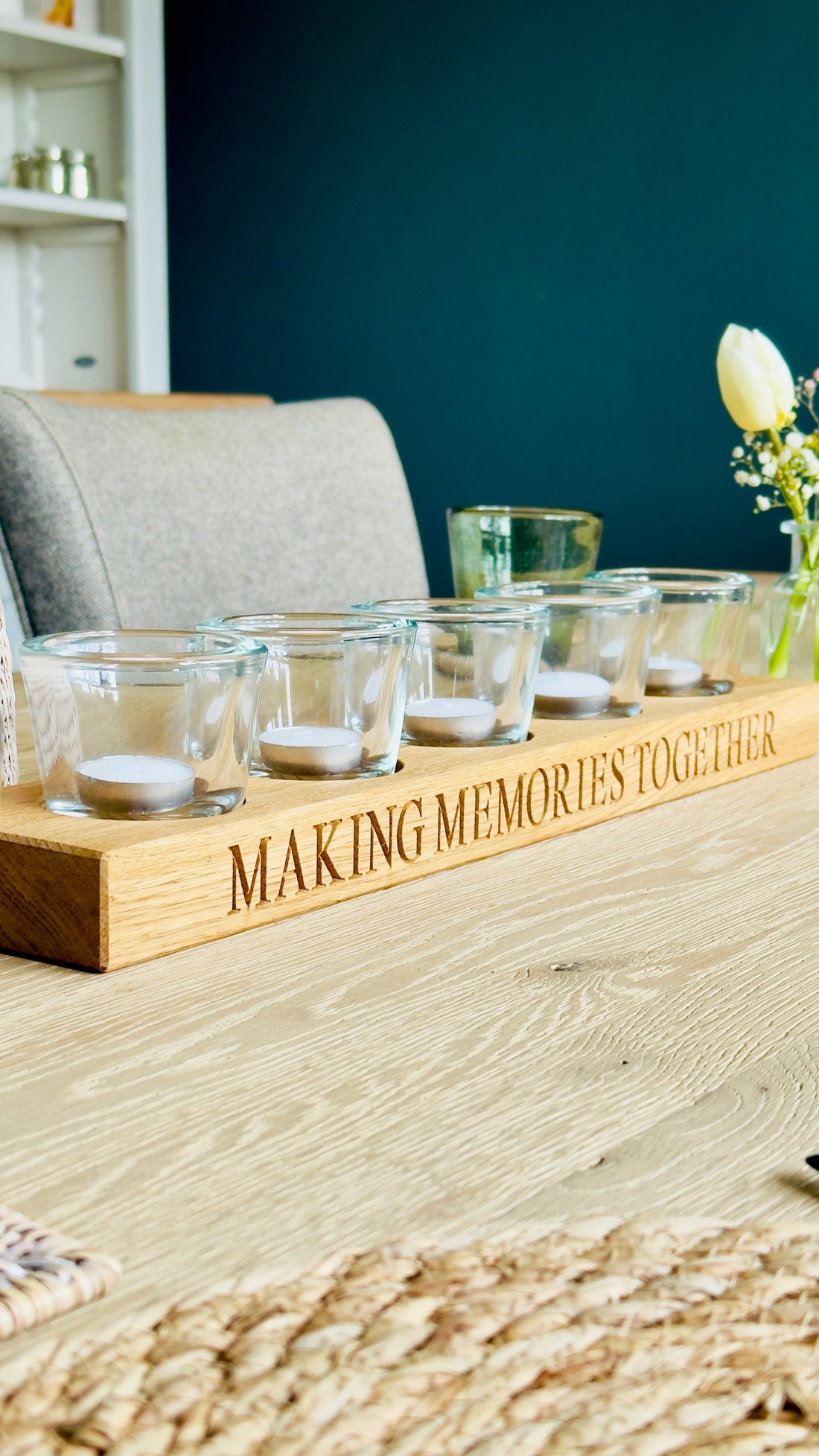 Handcrafted personalised oak housewarming gifts by Fox & Fern including candle holders and kitchen accessories