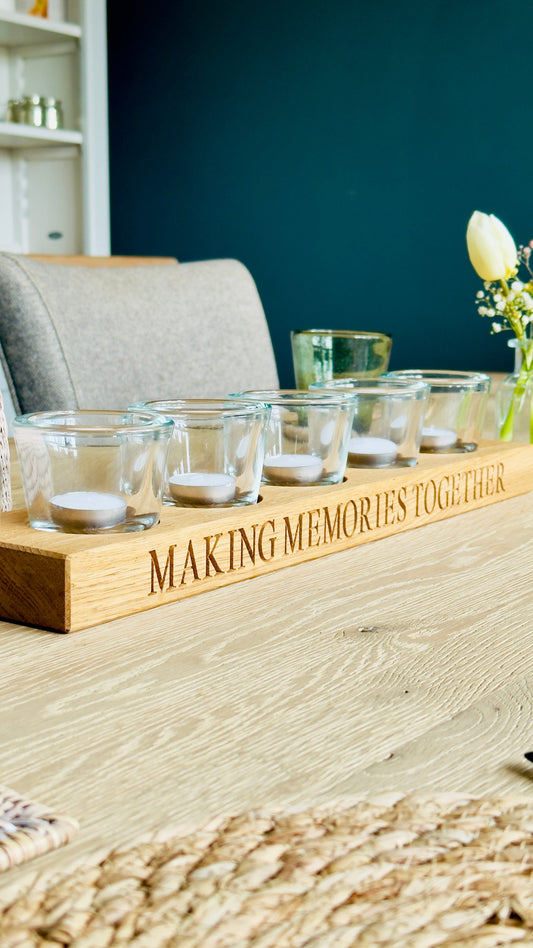 Handcrafted personalised oak housewarming gifts by Fox & Fern including candle holders and kitchen accessories