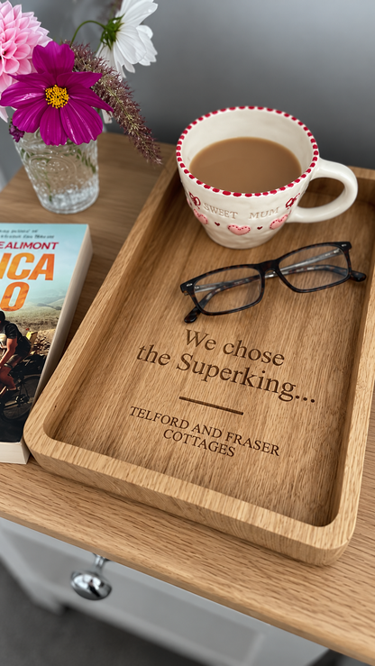 Personalised solid oak bedside tray with engraved wording, tea and reading glasses