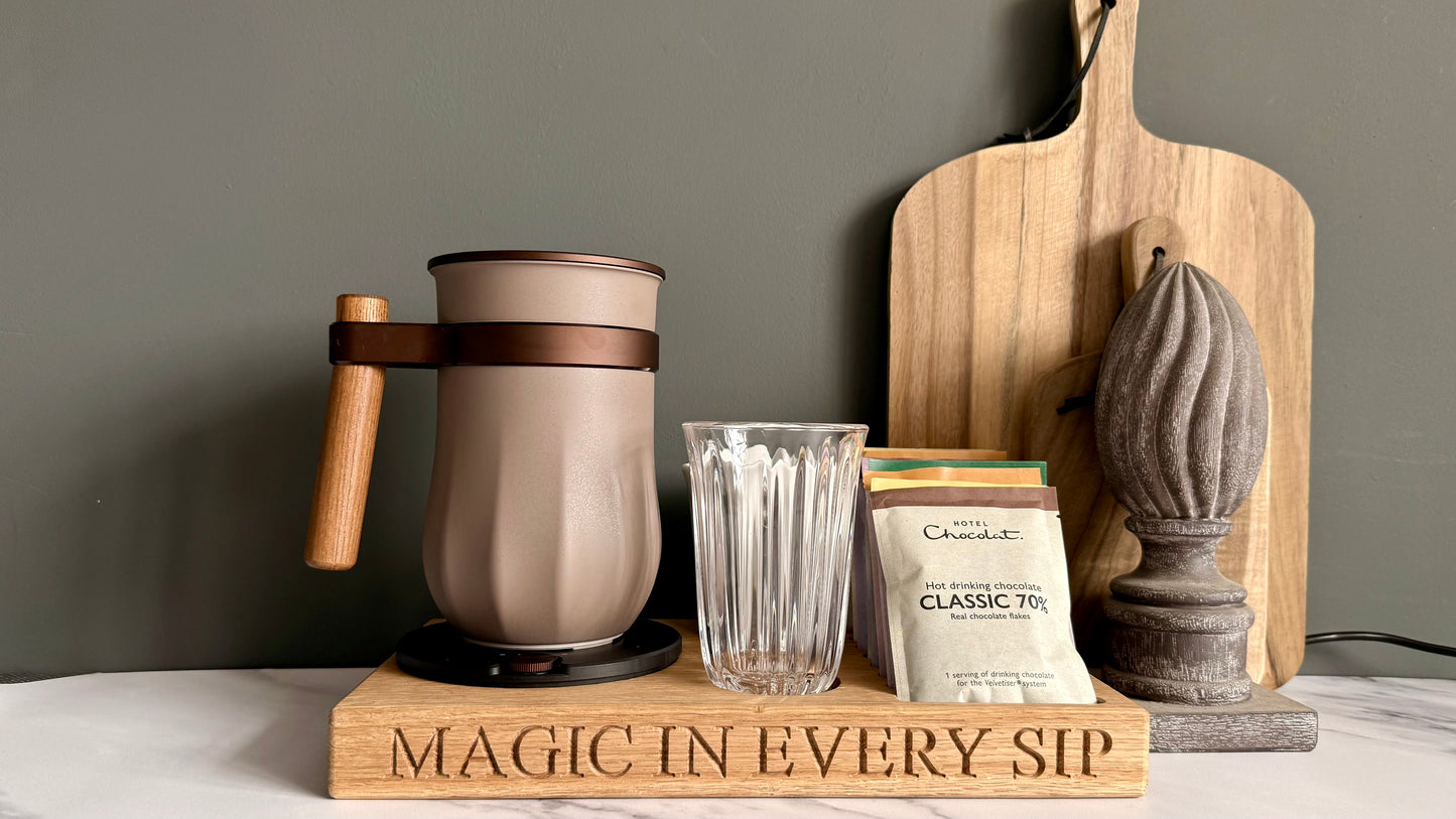 Luxury Handcrafted Oak Tray – Personalised Velvetiser Holder for Hot & Cold Chocolate