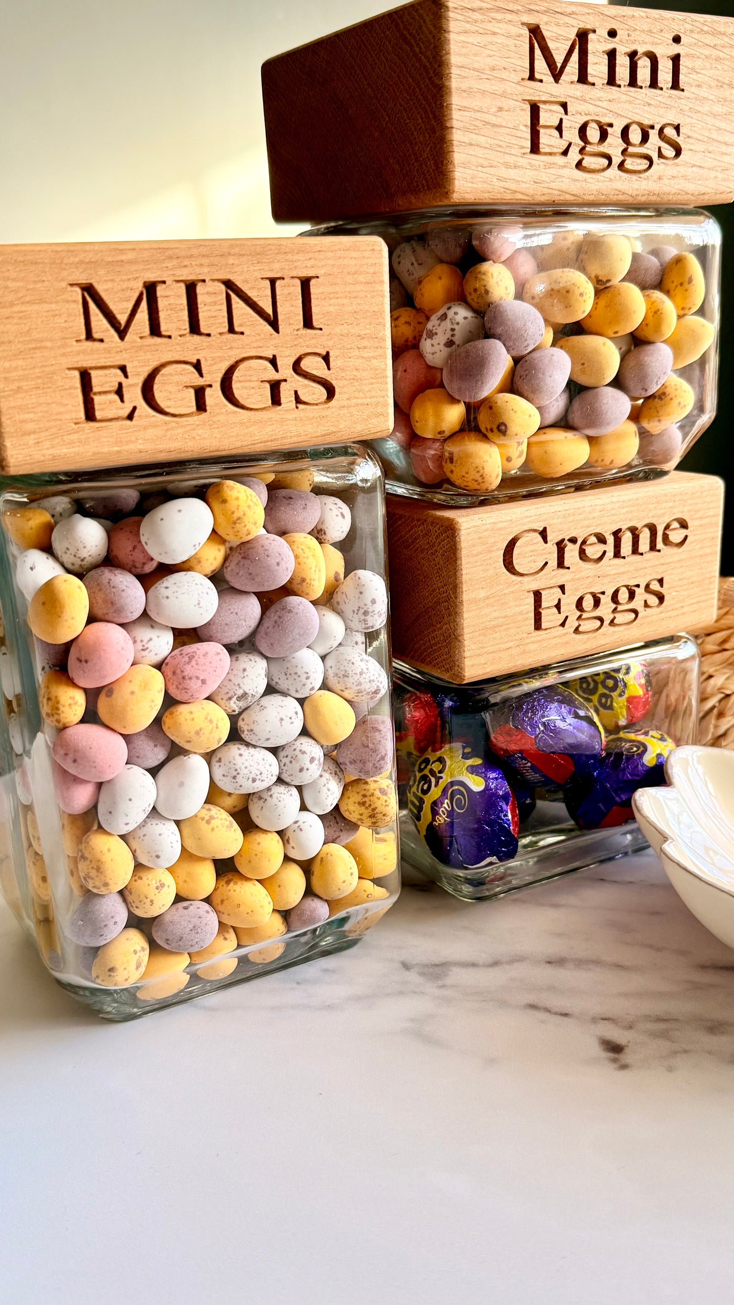 Personalised Mini Egg & Crème Egg Jar – Solid Oak Lid
