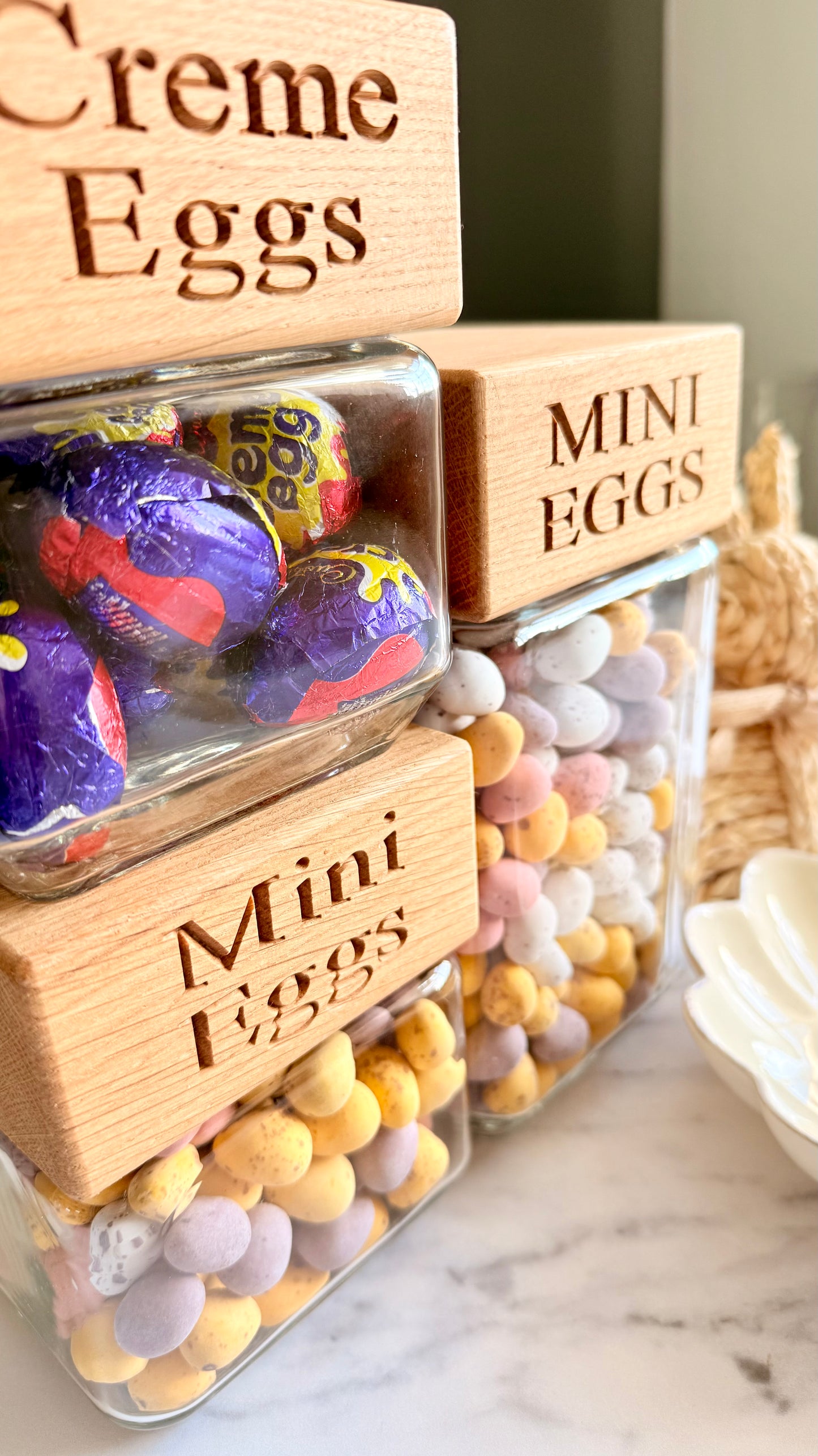 Personalised Mini Egg & Crème Egg Jar – Solid Oak Lid