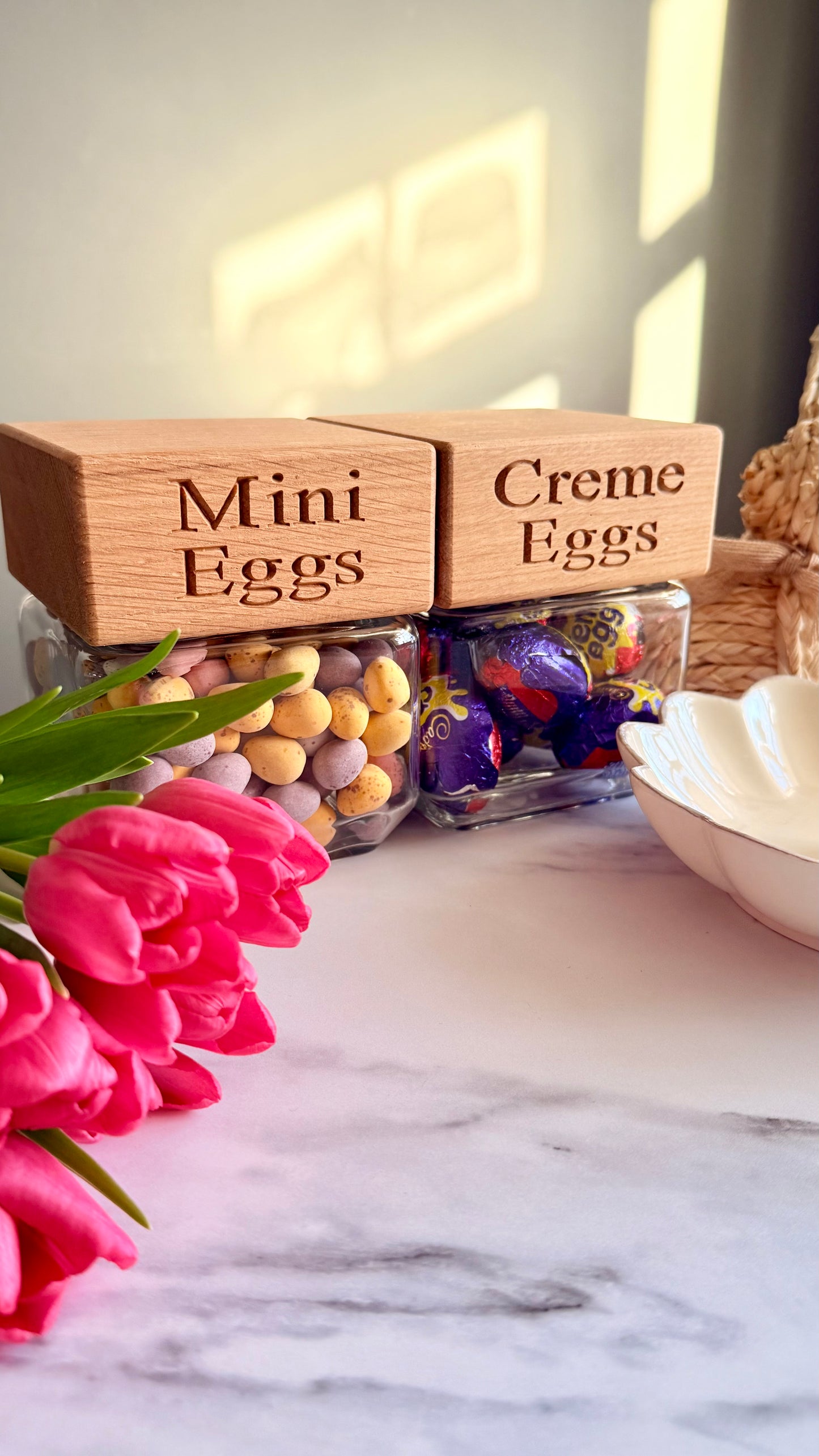Personalised Mini Egg & Crème Egg Jar – Solid Oak Lid