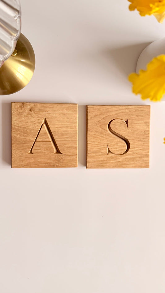 personalised solid oak coasters with engraved initials