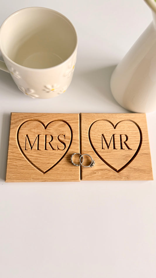 Personalised Mr and Mrs oak coasters engraved with heart design, handmade wedding gift in solid oak