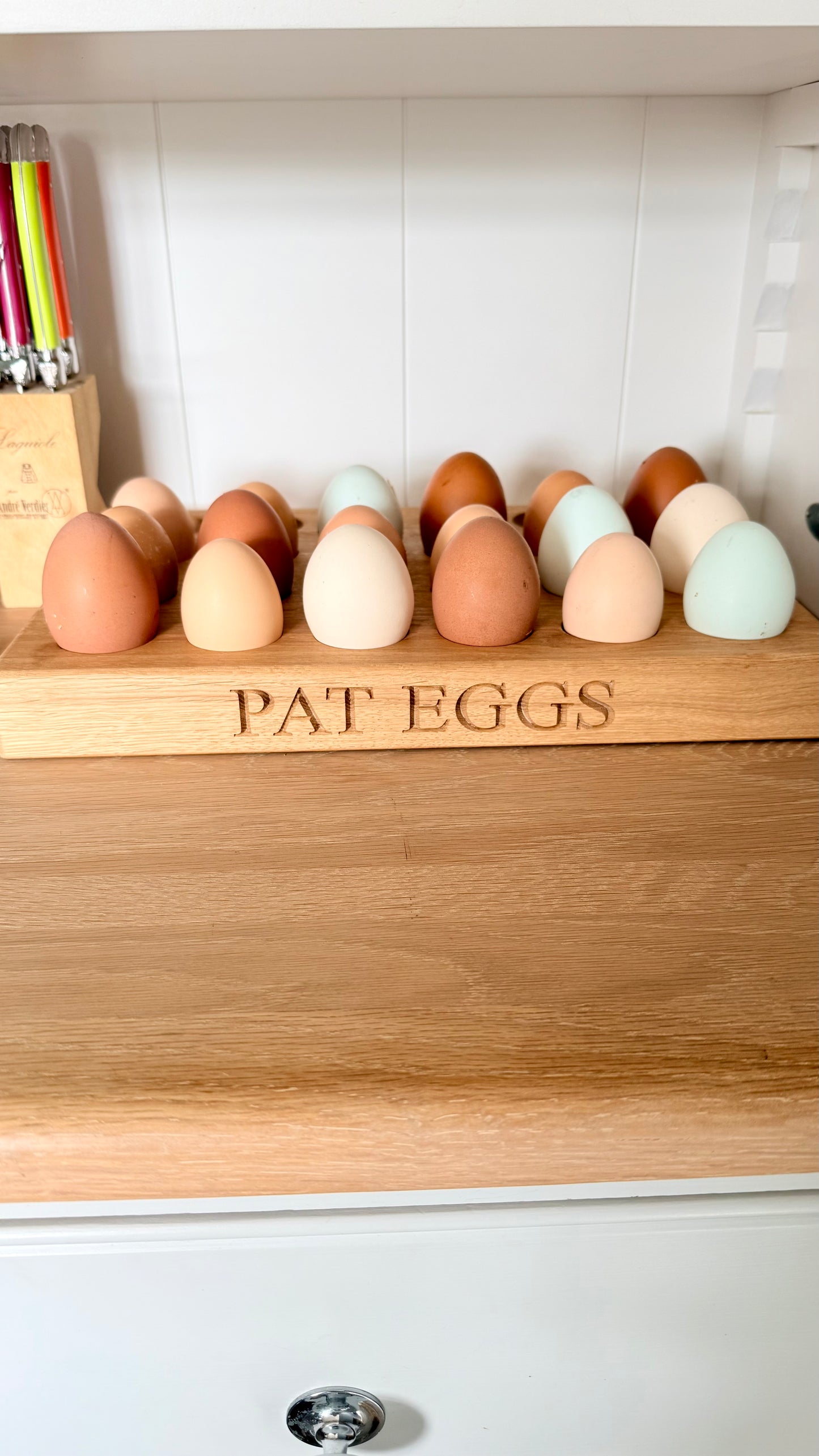 wooden egg holder engraving detail oak
