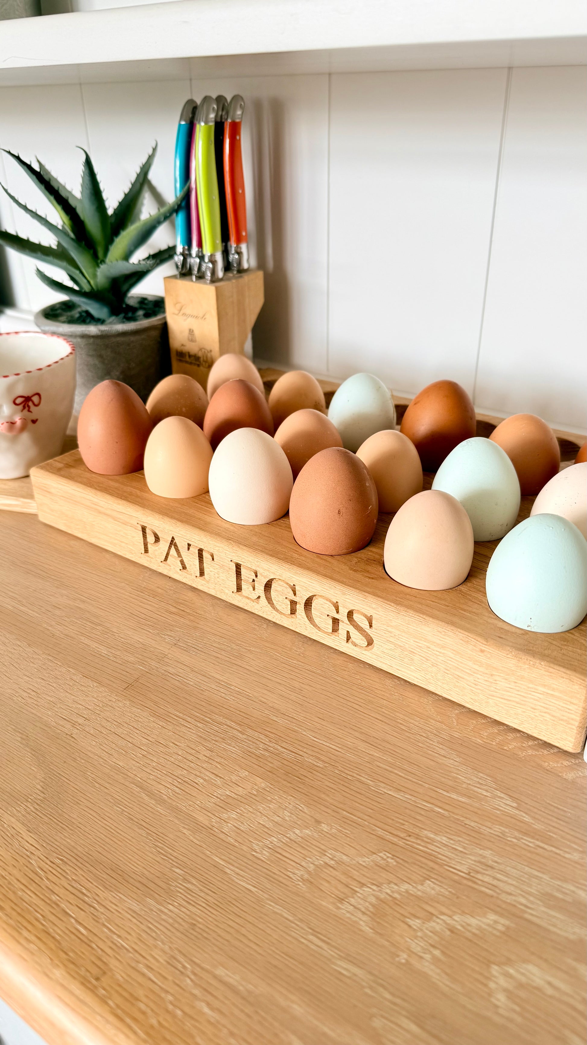 solid oak egg organiser close up