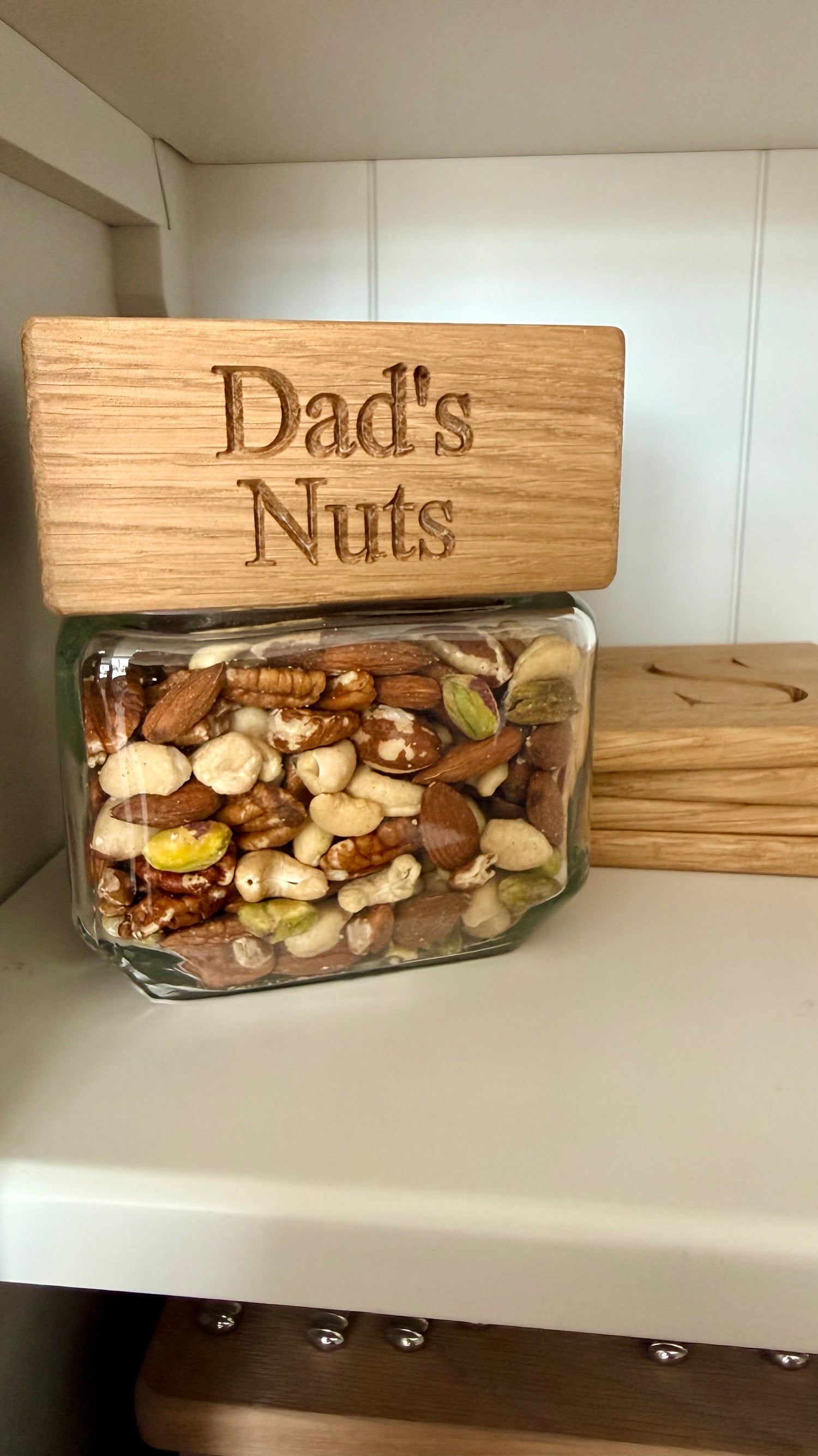 Personalised “Dad’s Nuts” glass snack jar with engraved solid oak lid, handmade Father’s Day gift for dads.