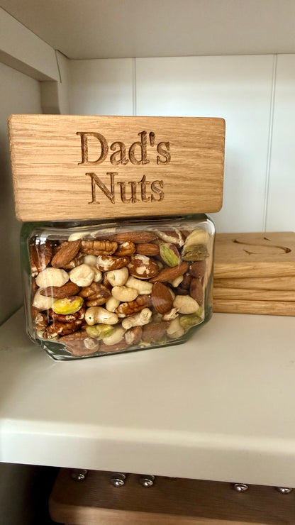 Personalised “Dad’s Nuts” glass snack jar with engraved solid oak lid, handmade Father’s Day gift for dads.