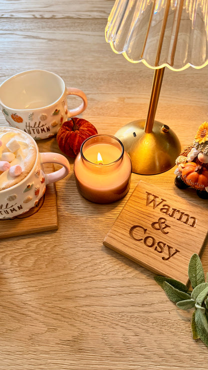 Solid oak autumn coasters styled with mugs, pumpkins and cosy seasonal home decor