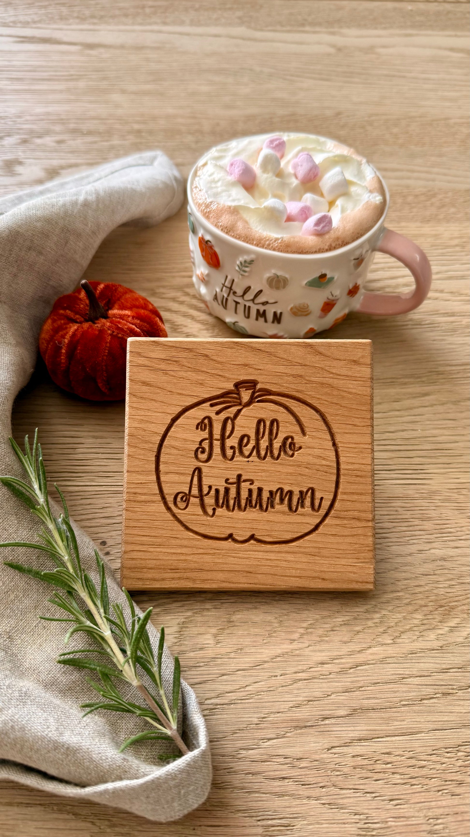 Hello Autumn solid oak coaster with engraved pumpkin design and autumn styling