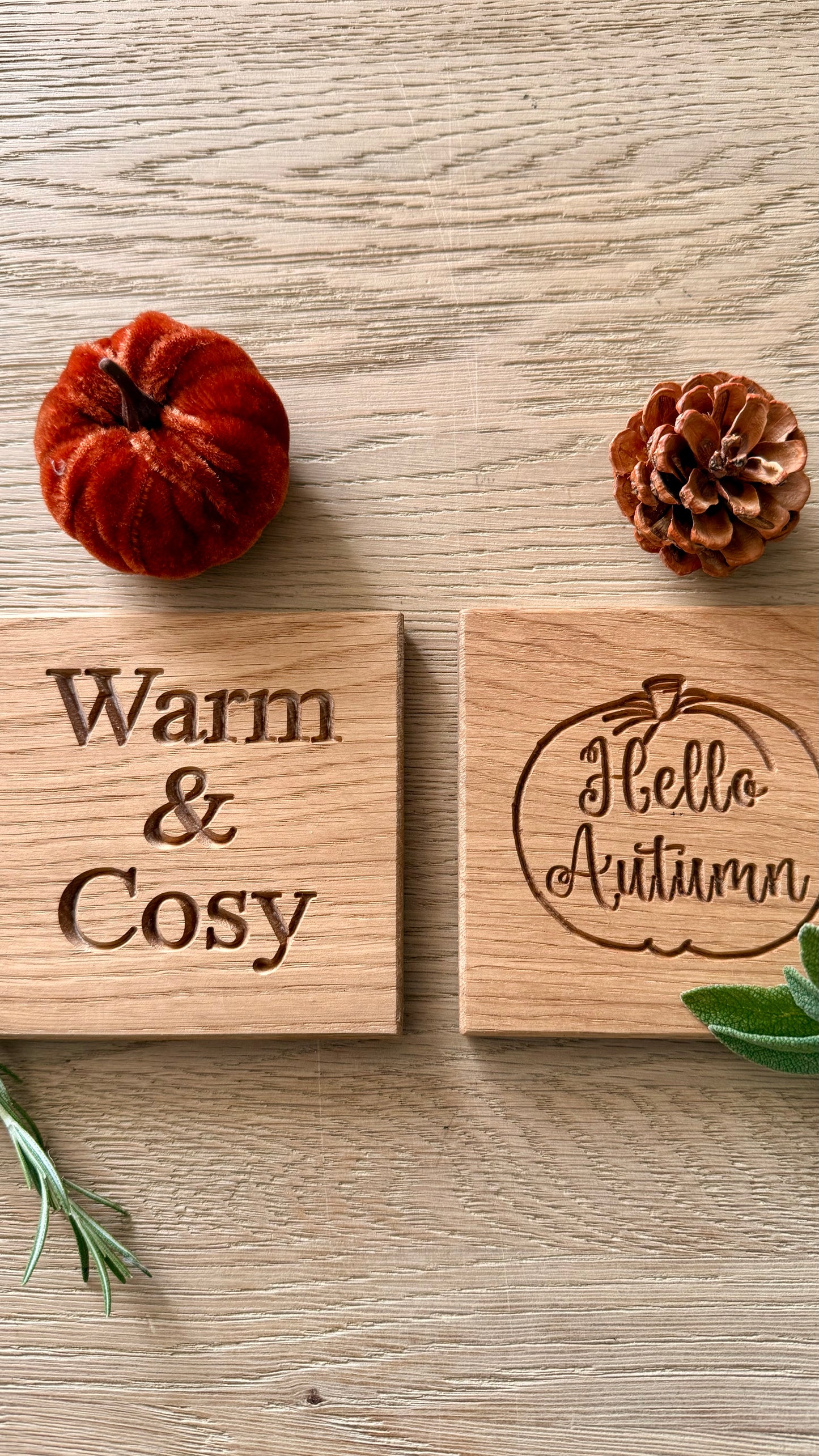 Hello Autumn and Warm & Cosy solid oak engraved coasters handmade in the UK