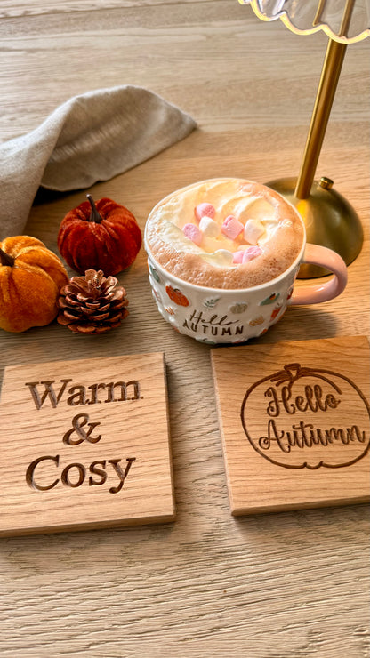 Solid oak autumn coasters engraved Hello Autumn and Warm & Cosy with hot chocolate and pumpkins