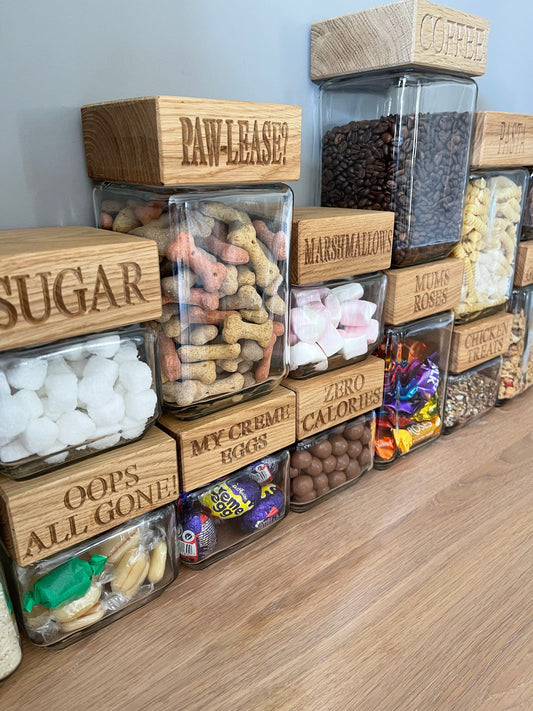 Personalised oak storage jar with engraved wooden lid