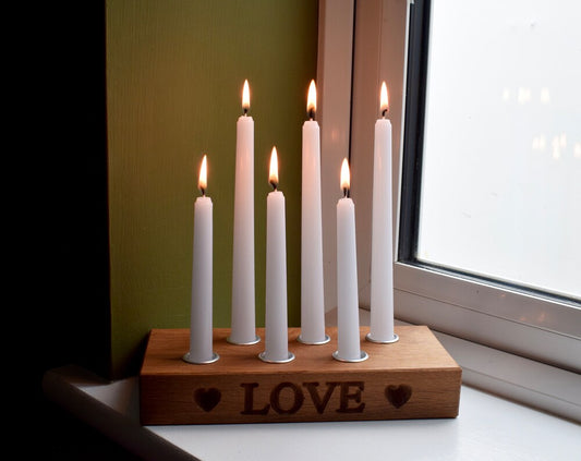 Personalised Oak candle holder with 6 candles front view